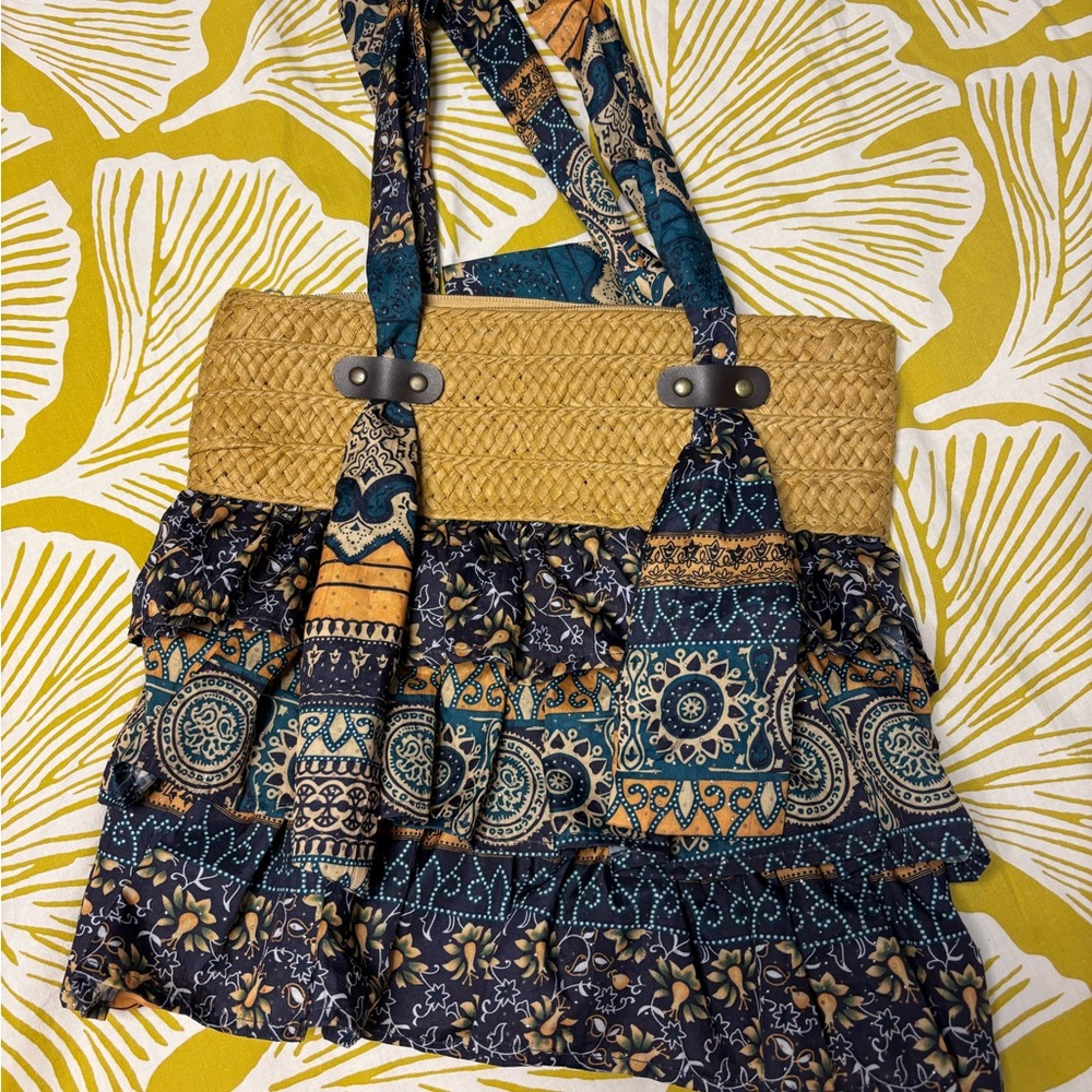 Cappelli Straworld Blue and Tan Patchwork Tote BRAND NEW